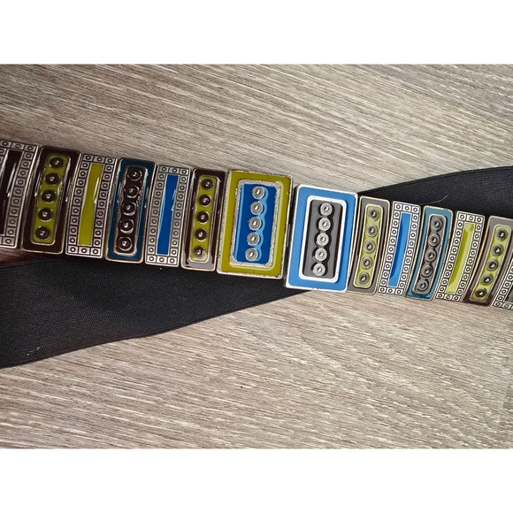 Chic Rectangular Medallion Stretch Belt Black Elastic Accented Color BlockSilver